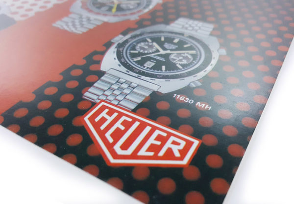 Vintage commercial HEUER leaflet (specific purpose watches) --- logo close-up (cover) --- ikonicstopwatch.com