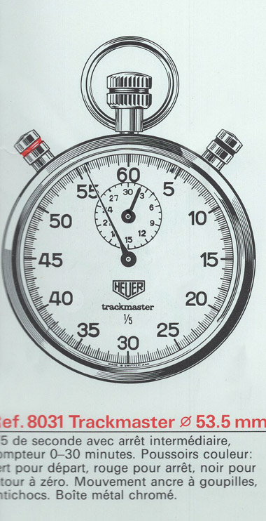 Chronomètres vintage HEUER 8031 --- extrait d'un catalogue de la fin des années 80 (742 px) --- ikonicstopwatch.com