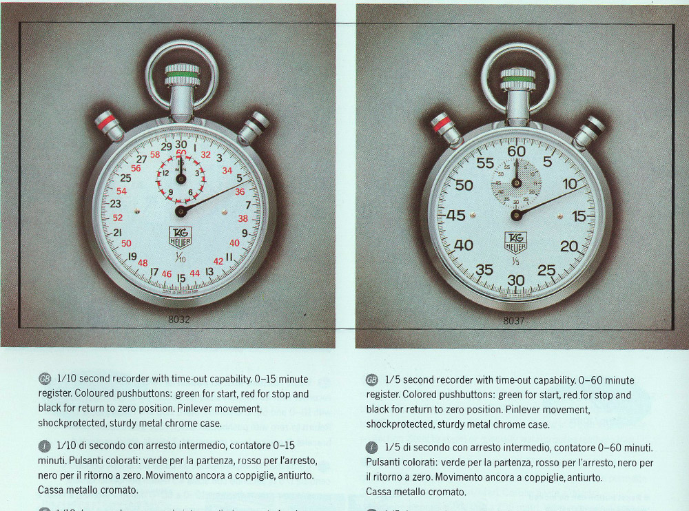 Chronomètres vintage tag-HEUER 8032 et 8037 --- extrait d'un catalogue du début des années 90 (742 px) --- ikonicstopwatch.com