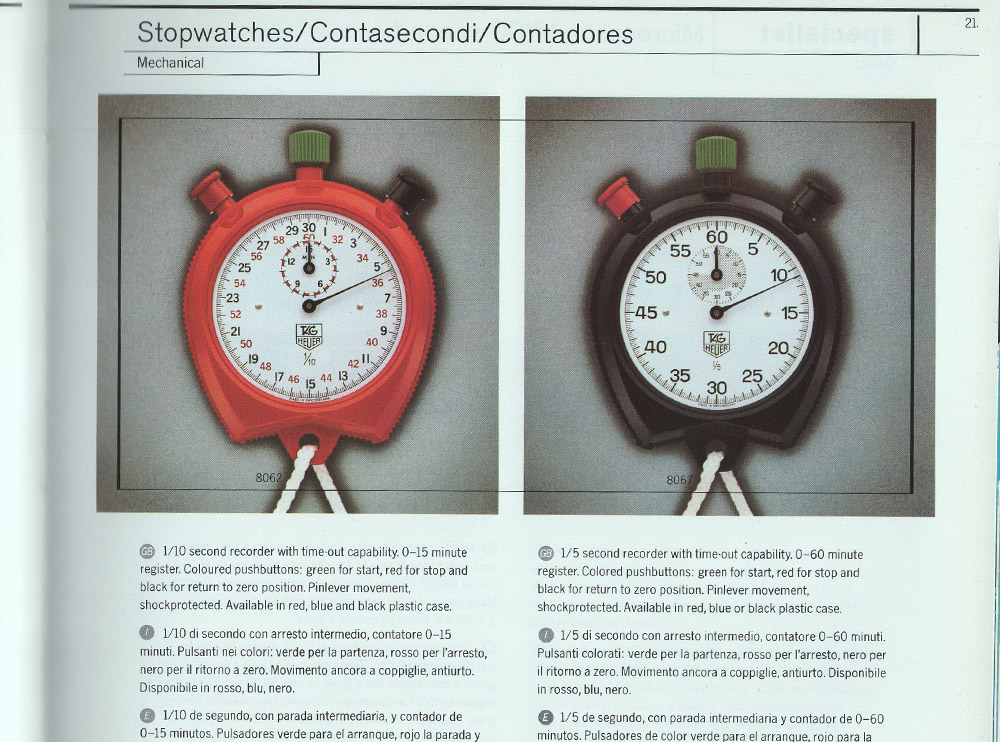 Chronomètres vintage tag-HEUER 8062 et 8067 --- extrait d'un catalogue du début des années 90 (742 px) --- ikonicstopwatch.com