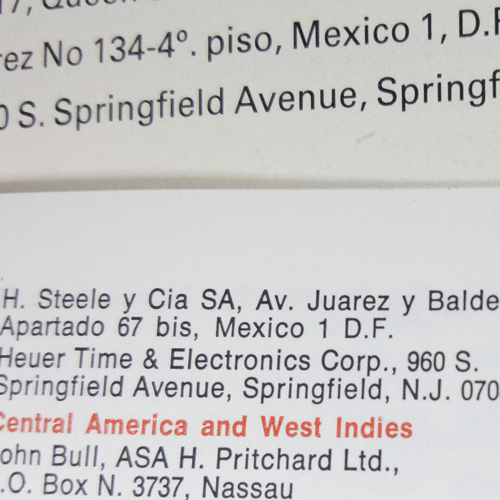 warranty booklet --- detail on HEUER Springfield adress --- ikonicstopwatch.com