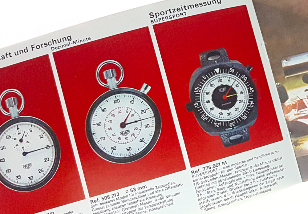 Catalogue vintage HEUER 1974 en allemand --- page ouverte --- ikonicstopwatch.com