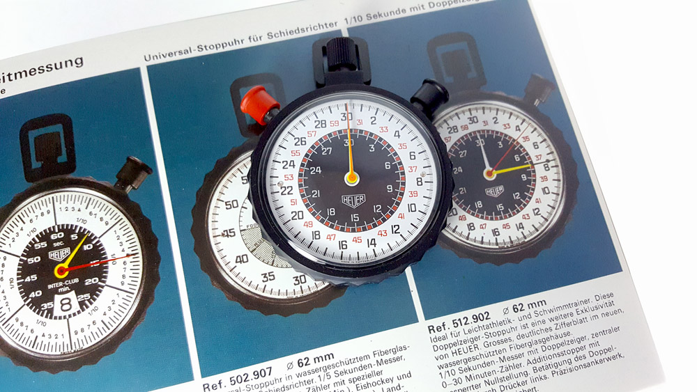 Vintage HEUER german catalog --- page opened with a 512.902 stopwatch --- ikonicstopwatch.com