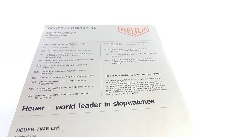Vintage english 1981 HEUER stopwatch catalog --- back page cover --- ikonicstopwatch.com