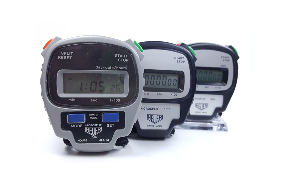 Set of electronical microsplit HEUER stopwatches --- ikonicstopwatch.com