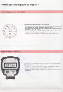 Document français technique Tag HEUER de 1986 --- scan page 5 : affichage analogique ou digital des chronomètres --- ikonicstopwatch.com