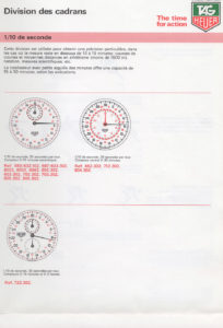 French vintage Tag HEUER 1986 technical document --- scan page 7 : stopwatch dial timing division --- ikonicstopwatch.com