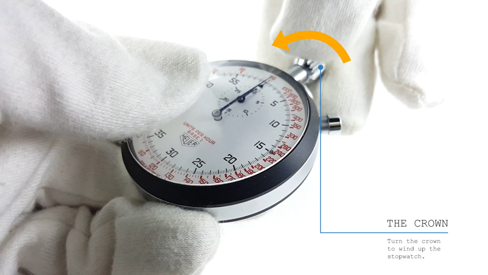 How to wind up a mecanical HEUER stopwatch --- turning the crown --- ikonicstopwatch.com