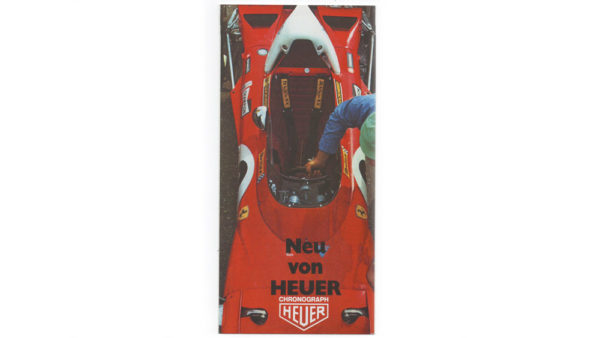 Vintage german HEUER commercial leaflet --- cover close shot with Formula one Ferrari car --- ikonicstopwatch.com