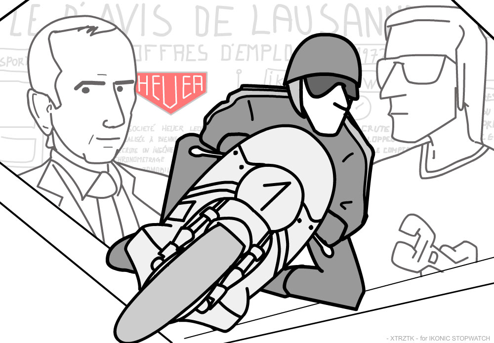 Entretien avec Jean Campiche --- illustration de la moto à HEUER avec Jack Heuer --- ikonicstopwatch.com