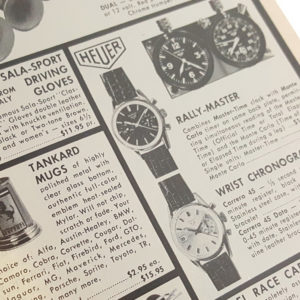Vintage english ad for HEUER rally-master set and carrera watches --- preview close shot --- ikonicstopwatch.com