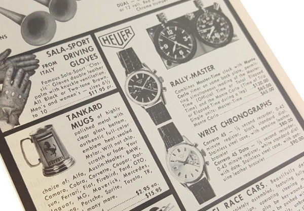 Vintage english ad for HEUER rally-master set and carrera watches --- preview close shot --- ikonicstopwatch.com